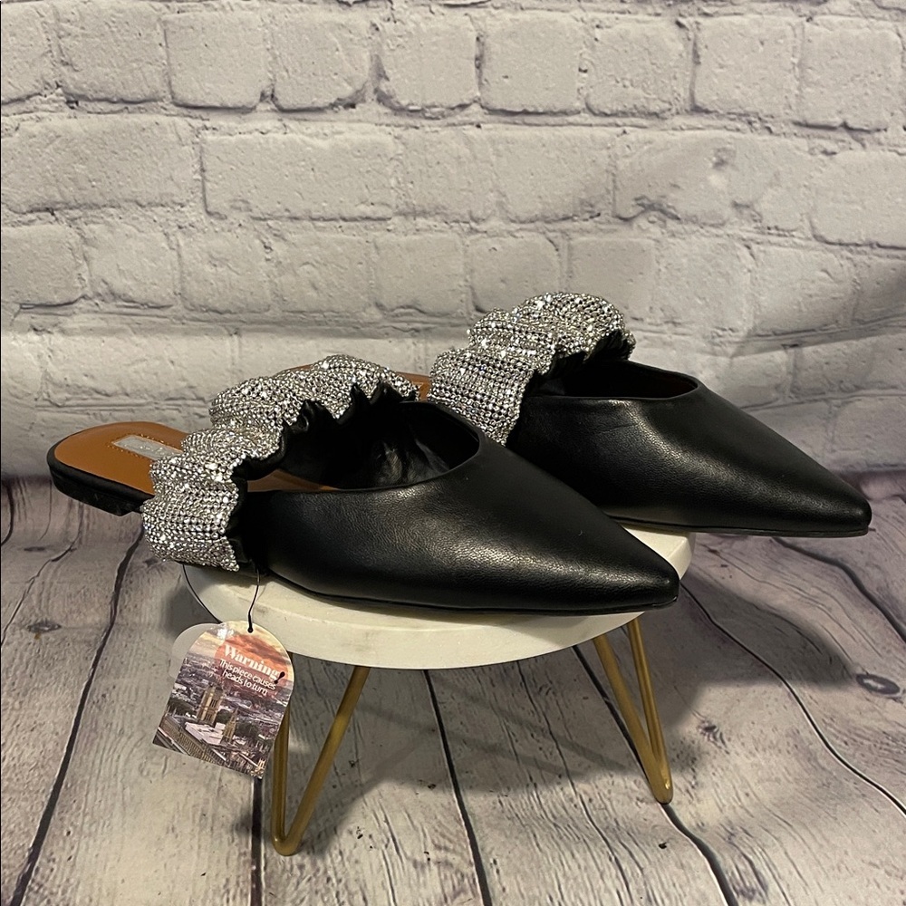 London Rag Chic Black Mules with Sparkling Silver Detail Sz7
